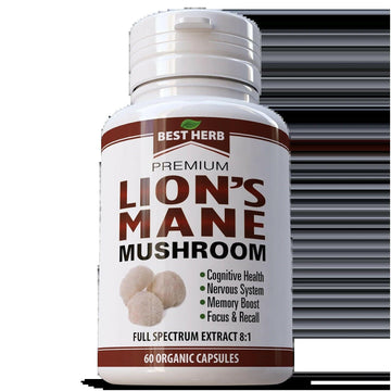 Premium Lion's Mane Mushroom 1000mg herbal supplement bottle, 60 capsules for cognitive health and nervous system support.